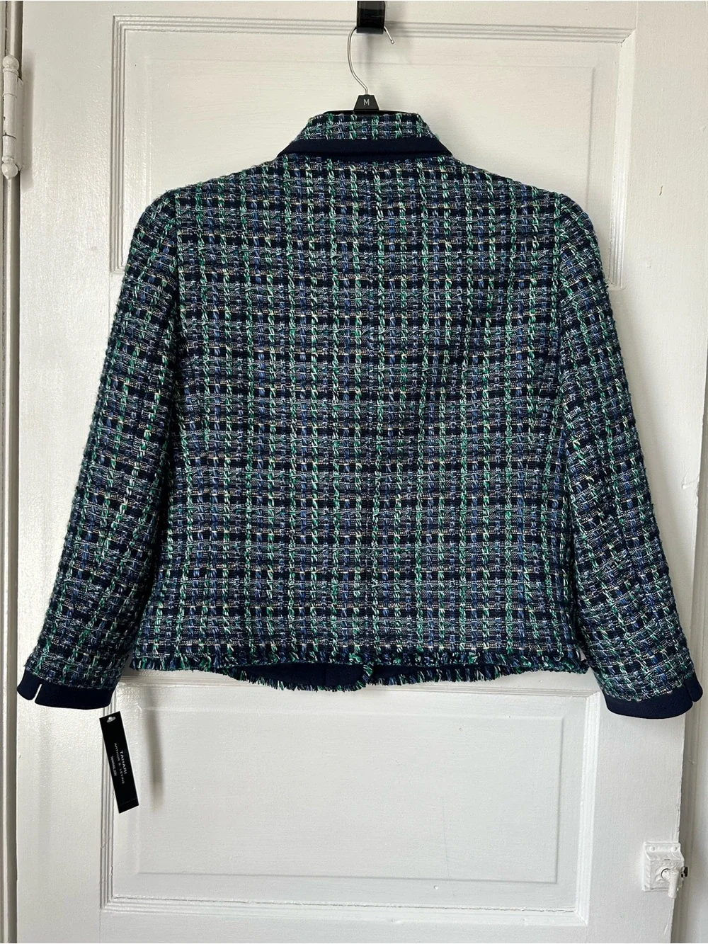 Textured Navy and Green Tweed Women's Blazer and Skirt Set | 6